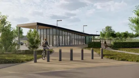 A digitalised image showing a man riding a bicycle past a row of bollards heading towards a covered cycle park area with green trees, grass and street lights also visible.