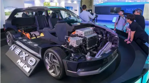 Getty Images The Nexo, a hydrogen fuel-cell powered car, is exhibited at the Consumer Electronics Show (CES) Asia in Shanghai on June 13, 2018.