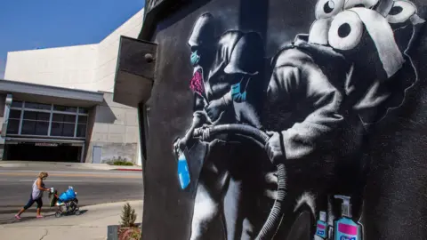 Getty Images A mural in California showing disinfectant and loo roll