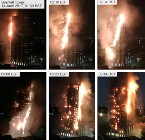 Natalie Oxford/ PA Composite showing progression of fire from 01:30 to 03:44