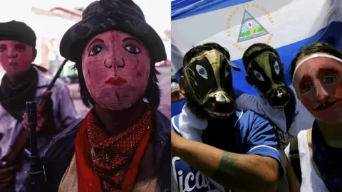 Getty Images Sandinista fighters with masks in Nicaragua in 1979/Masked opposition demonstrators take part in a nationwide march called 'United we are a volcano', in Managua on July 12, 2018.