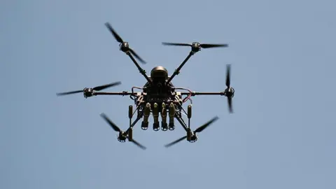 A Ukrainian-made Vampire heavy bomber drone loaded with bombs takes off during a test flight conducted by servicemen of the 109th Brigade of the Armed Forces of Ukraine along the fortress belt in the Donetsk region on May 23, 2026 in Donetsk, Ukraine.