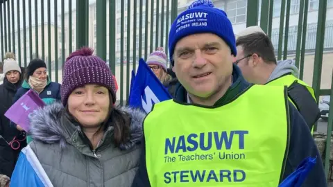 BBC Joanne Grant from INTO and Brendan Morgan from NASUWT at St Mary’s High School, Newry