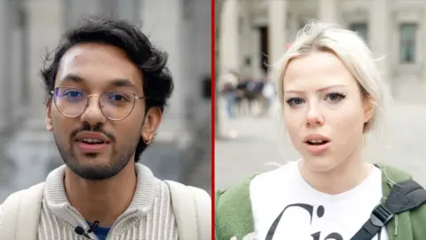 Split screen of a man wearing glasses and a beige sweater and a blonde woman with a white shirt and green hoodie.