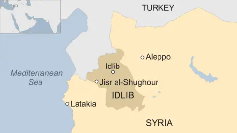 Map of Syria showing Idlib province and Jisr al-Shughour