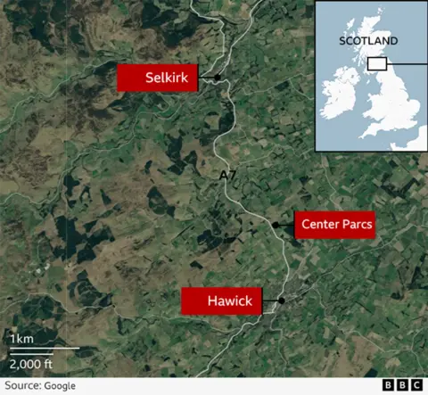 A map showing the locations of Selkirk and Hawick and a new Center Parcs site