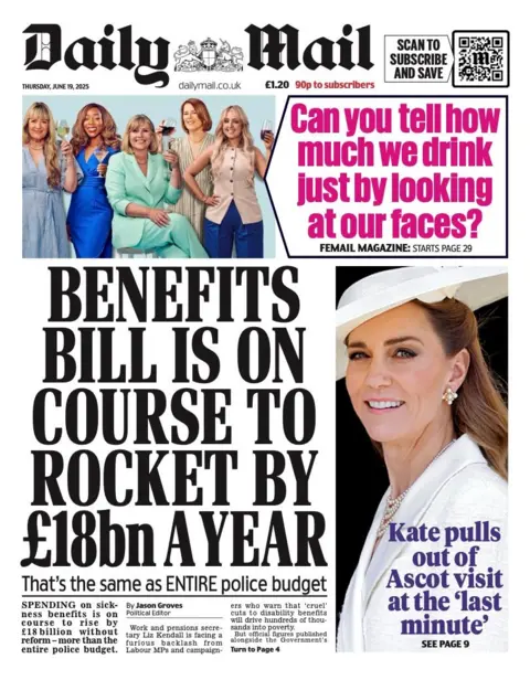 The headline on the front page of the Daily Mail reads: "Benefits bill is on course to rocket by £18bn a year".