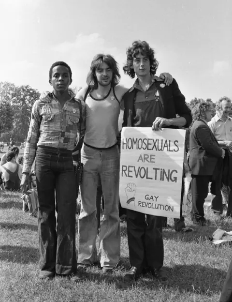 LGBTQ+ Archives, Bishopsgate Institute Ted Brown, Noel Glynn and Peter Tatchell at the Pride march in 1973