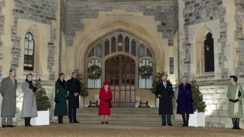 Getty Images The Queen, with Prince Charles and Camilla, Duchess of Cornwall (right) and Princess Anne (far right) and the Duke and Duchess of Cambridge (left), the Wessexes (far left)