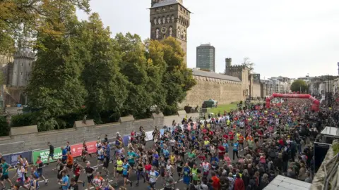Huw Evans Agency runners in front of Cardiff Castle