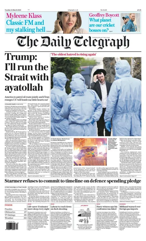 The headline on the front page of the Daily Telegraph reads: "Trump: I'll run the Strait with ayatollah."