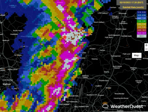 WeatherQuest Radar map showing rainfall and lightning strikes over The Sele School