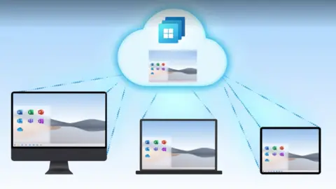 Microsoft A graphic showing Microsoft cloud streaming to multiple devices