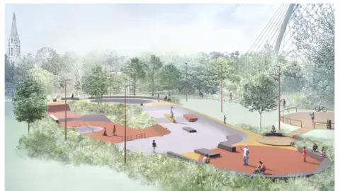 Derry City & Strabane District Council An illustration of faint colours depicts a skatepark coloured in orange, yellow and grey. In it are young people wearing helmets and riding skateboards. The park is surrounded by lampposts and greenery, in the distance on the left, the tower of a church looms, as well as the top of the Ballycolman footbridge on the right.