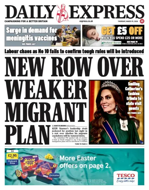 The headline on the front page of the Daily Express reads: "New Row Over Weaker Migrant Plan."