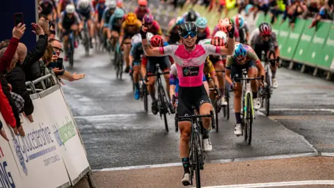 BBC Race winner and yellow jersey holder after stage three of The Women's Tour from Tewkesbury to Gloucester, Lorena Wiebes team DSM, crosses the line in the city centre