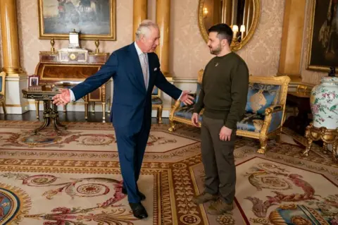 PA Media King Charles III holds an audience with Ukrainian President Volodymyr Zelensky at Buckingham Palace, London, during his first visit to the UK since the Russian invasion of Ukraine