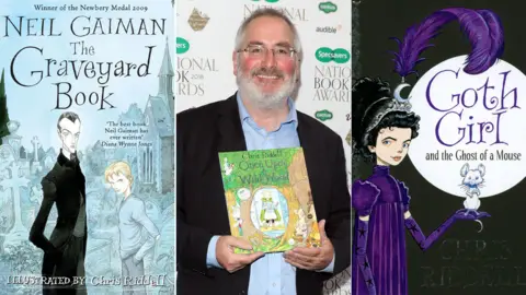 Getty Images/Bloomsbury/Macmillan  Chris Riddell between the book jackets for Neil Gaiman's The Graveyard Book and his own Goth Girl and the Ghost of a Mouse