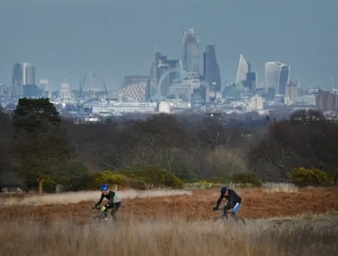 Cyclists riding through a park