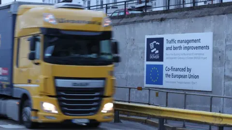 AFP A lorry drives past an EU sign in Dover