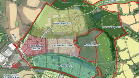 Summix/Homes England An aerial view of a map of the Wychavon Town Northern Neighbourhoods which are outlined by a red line