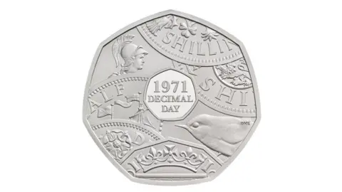 The Royal Mint/PA Media A new 50p coin commemorating the 50th anniversary of Decimal Day