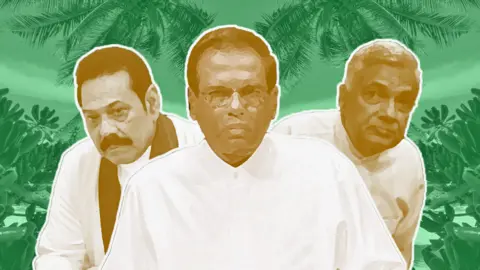 BBC Composite picture showing Mahinda Rajapaksa, Maithripala Sirisena and Ranil Wickremesinghe