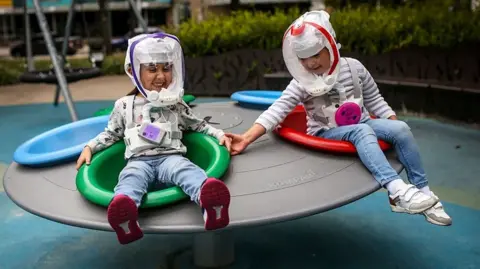 Children in heklmets