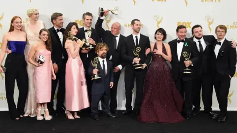 Getty Images David Benioff and DB Weiss at the 2015 Emmys with Game of Thrones cast