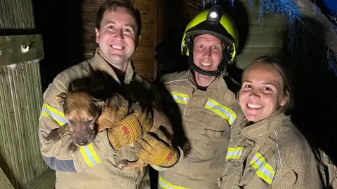 Three smiling firefighters in their uniform. One is holding a tired looking dog.