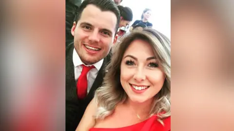 supplied Jordan Sinnott pictured on the left in a suit and red tie. Kelly Bossons pictured on the right with blonde hair and a red dress. 