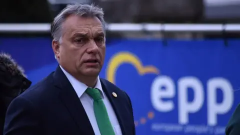 AFP Hungarian Prime Minister Viktor Orban seen in front of the EPP logo (file photo)