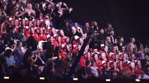 Getty Images Members of the audience wearing Simon Cowell masks at The BRIT Awards