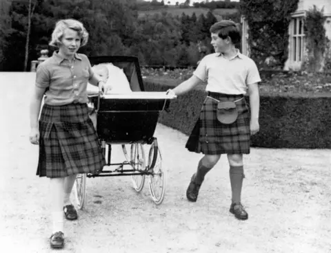 BBC Princess Anne and Prince Charles with Prince Andrew in a pram