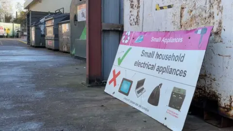 A white sign with a pink band around the top which reads "small household electrical appliances" propped up against a large waste container inside a council recycling centre with smaller bins nearby