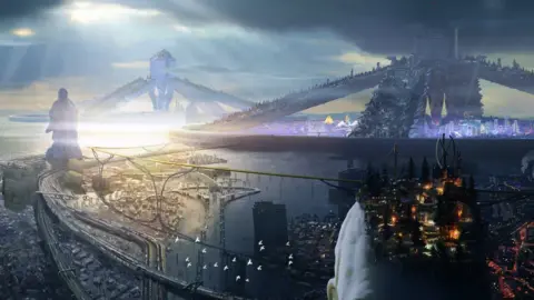 Alex Jay Brady A landscape illustration of a futuristic cityscape. In the foreground a dimly lit city sits just above the waterline, with a large statue silhouetted at one end. The sun breaks through the clouds, lighting three legged super structures.