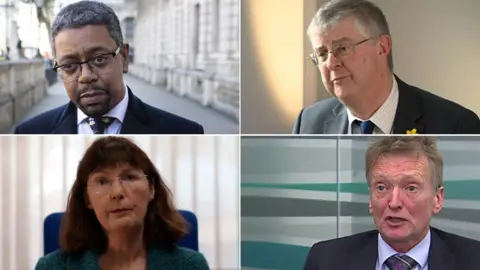 BBC/Getty Images Health minister Vaughan Gething, First Minister Mark Drakeford, Dr Sarah Aitken of Aneurin Bevan HB and chief medical officer Dr Frank Atherton