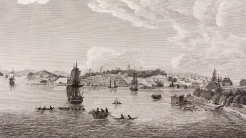Getty Images A drawing from 1802 showing Sydney and the entrance to Port Jackson