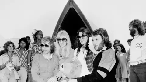 National Archives of Australia ABBA pose in front of the Opera House in 1977