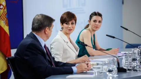 Getty Images Spanish government. From left to right, Minister of Agriculture, Fisheries and Food, Luis Planas, Minister Spokesperson Isabel Rodriguez and Minister of Equality Irene Montero.