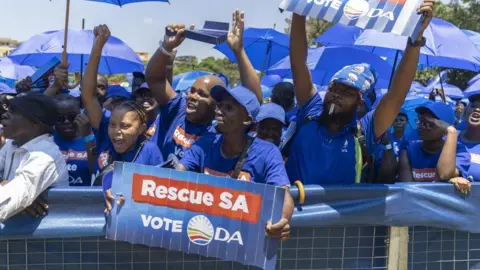 EPA Party supporters during the DA (Democratic Alliance) general election manifesto launch rally held at the Union Buildings, Pretoria, South Africa, 17 February 2024