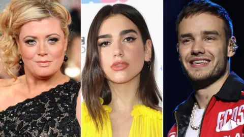Getty Images Gemma Collins, Dua Lipa and Liam Payne