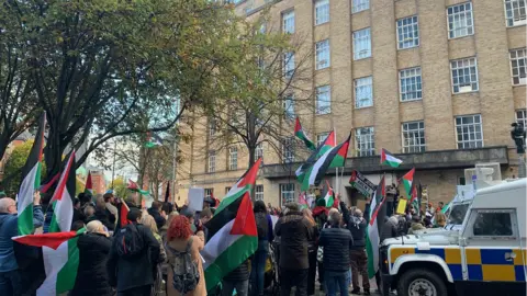 A large group of pro-Palestinian demonstrators gathered outside the BBC's headquarters in Belfast on Saturday