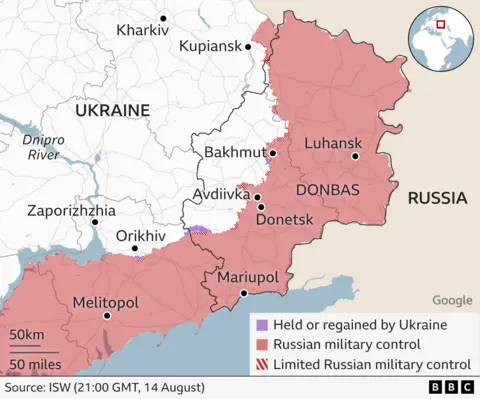 Map showing the front line in the east