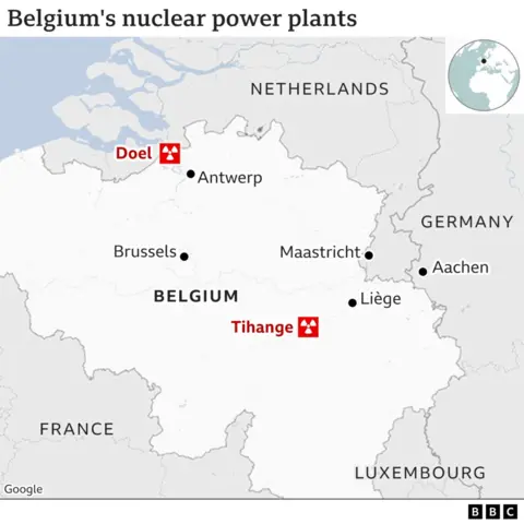 A map showing Belgium's nuclear power plants in Doel and Tihange
