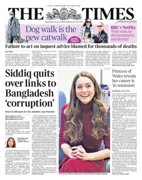 The headline on the front page of the Times reads: "Siddiq quits over links to Bangladesh 'corruption'"