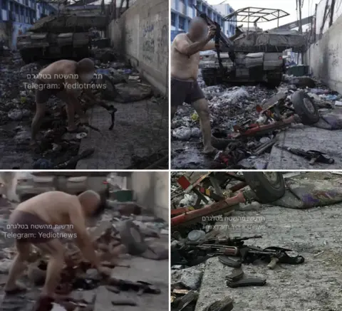 Yediotnews Screengrabs from a video appearing to show a Palestinian man laying down guns