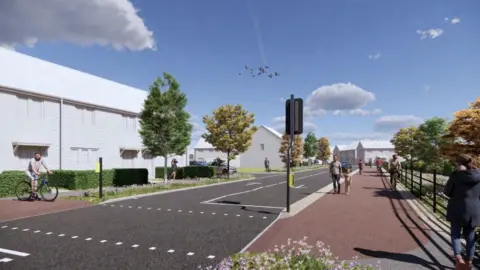 Thrive Architects Artist's impression of Spine Road within the Bower Lane Development in Bridgwater