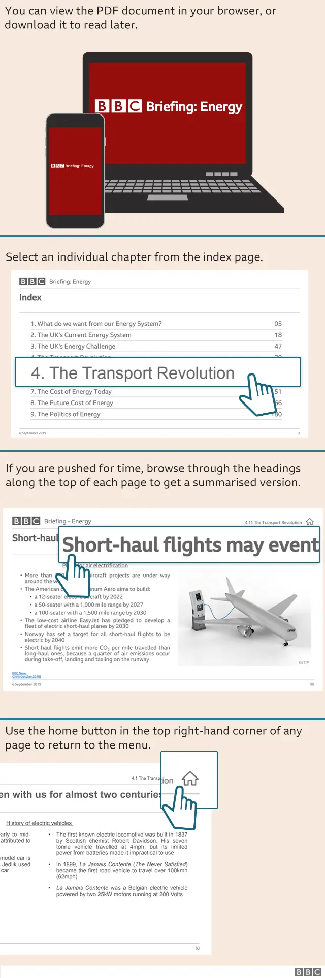 Instructions on how to navigate the BBC Briefing PDF document