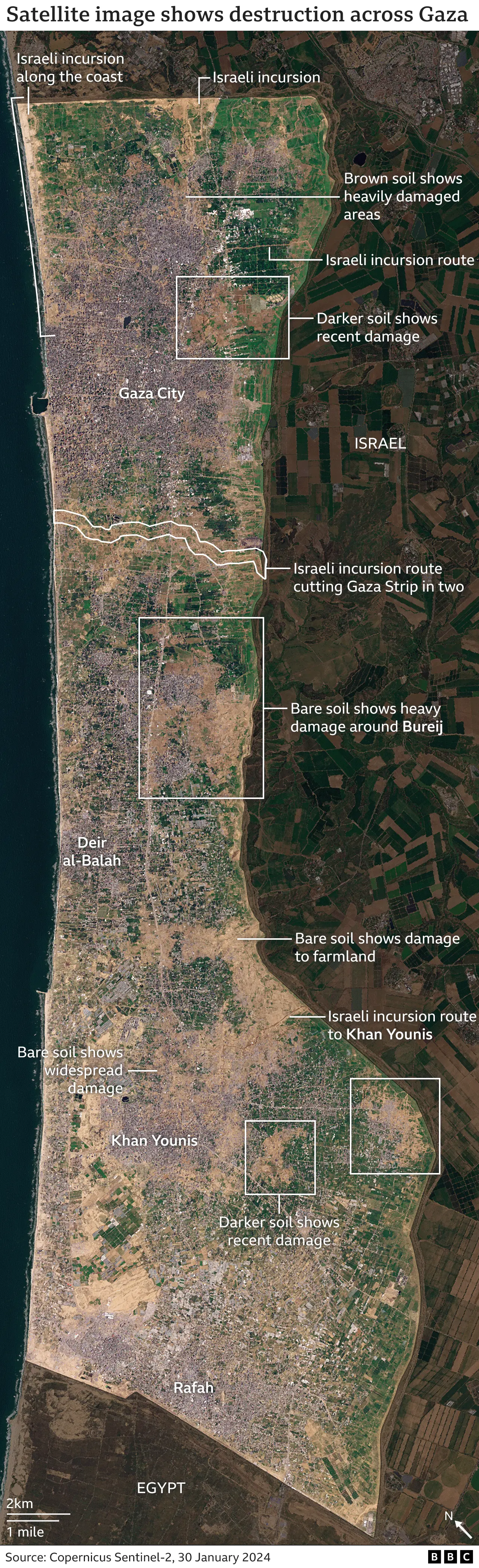 A map showing various sites of destruction across Gaza - you can see dark soil from recent damage, large areas of ruined farm land and sites of Israeli incursions